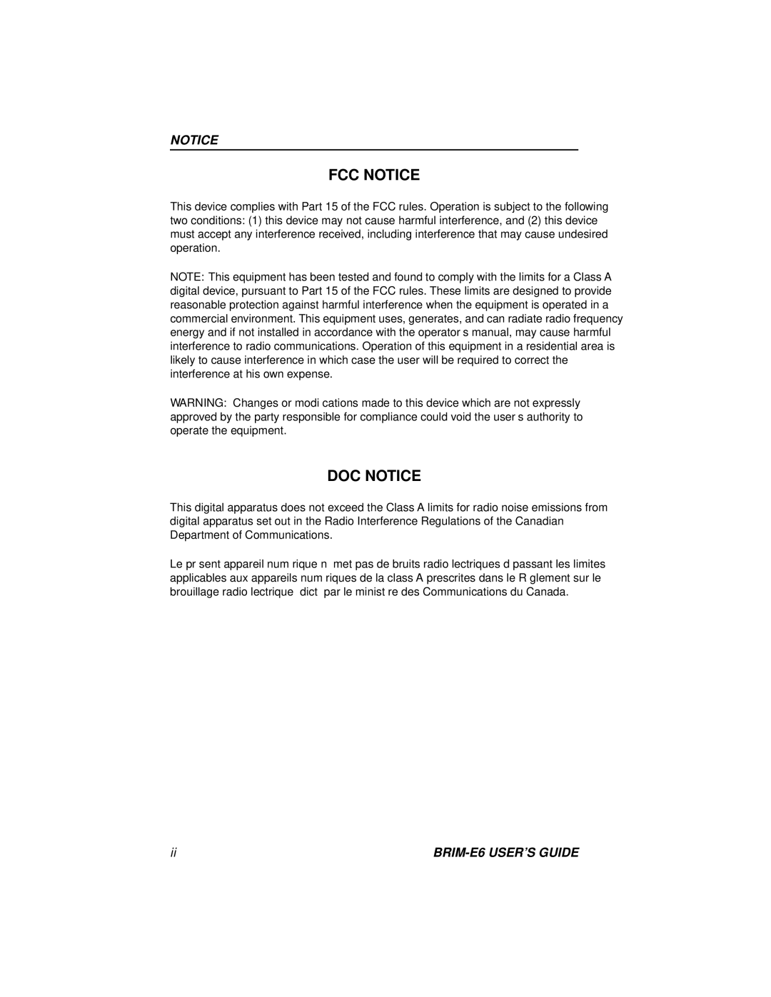 Enterasys Networks BRIM-E6 manual FCC Notice, DOC Notice 