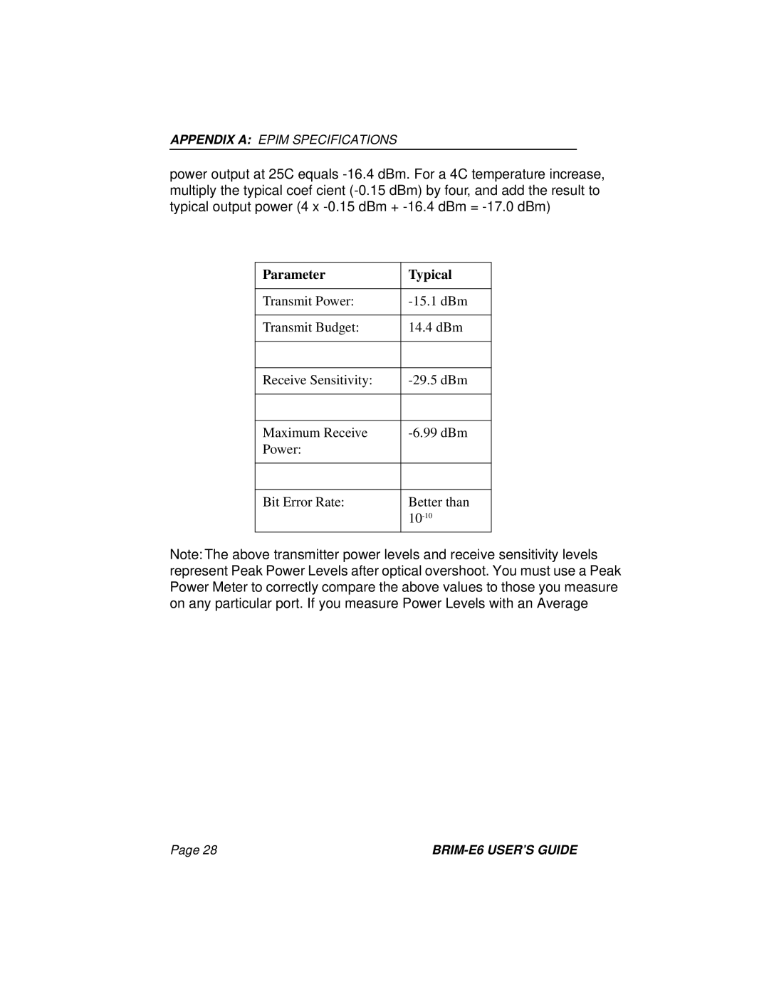 Enterasys Networks BRIM-E6 manual Parameter Typical 