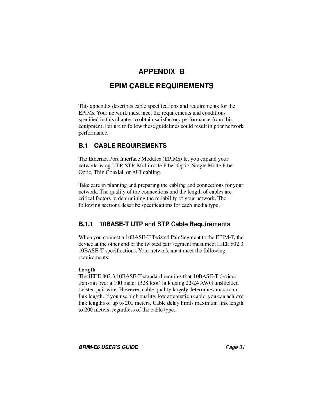 Enterasys Networks BRIM-E6 manual Appendix B Epim Cable Requirements, 1 10BASE-T UTP and STP Cable Requirements 