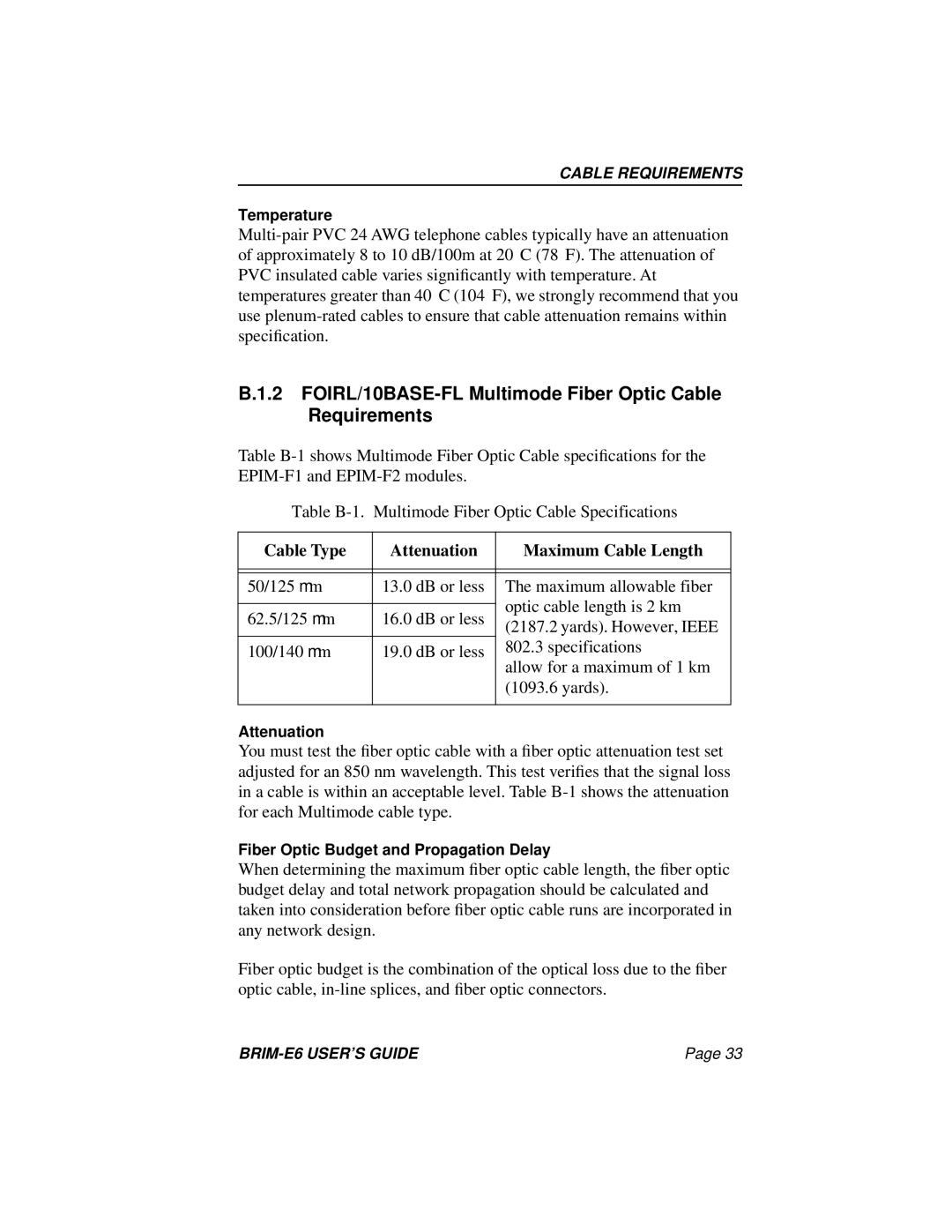 Enterasys Networks BRIM-E6 manual FOIRL/10BASE-FL Multimode Fiber Optic Cable Requirements 