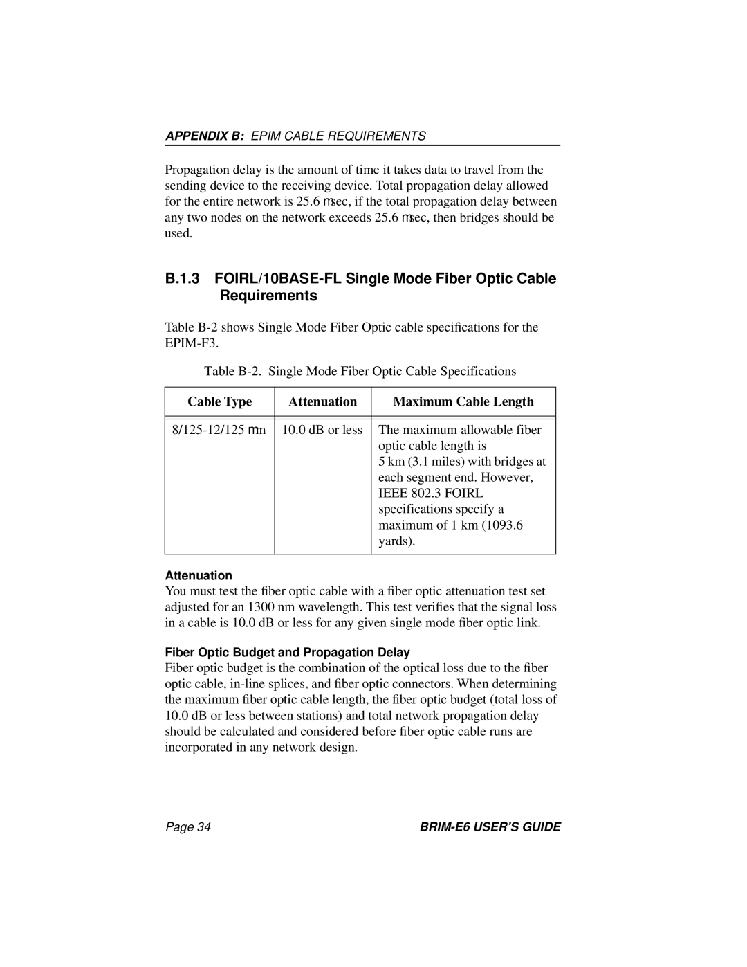 Enterasys Networks BRIM-E6 manual FOIRL/10BASE-FL Single Mode Fiber Optic Cable Requirements, Ieee 802.3 Foirl 