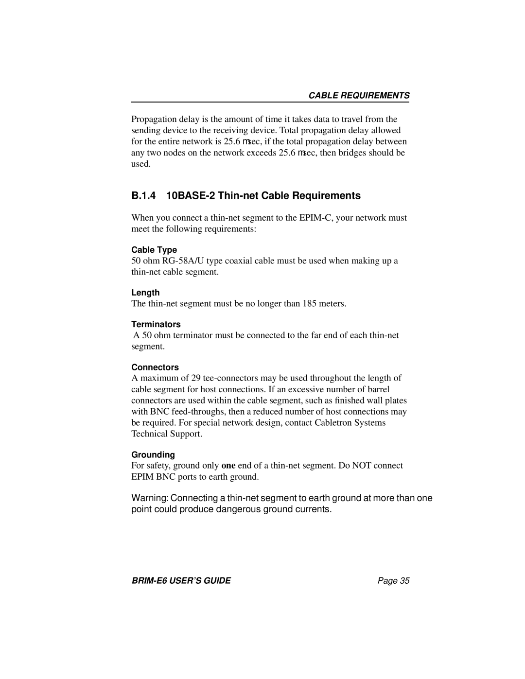 Enterasys Networks BRIM-E6 manual 4 10BASE-2 Thin-net Cable Requirements 