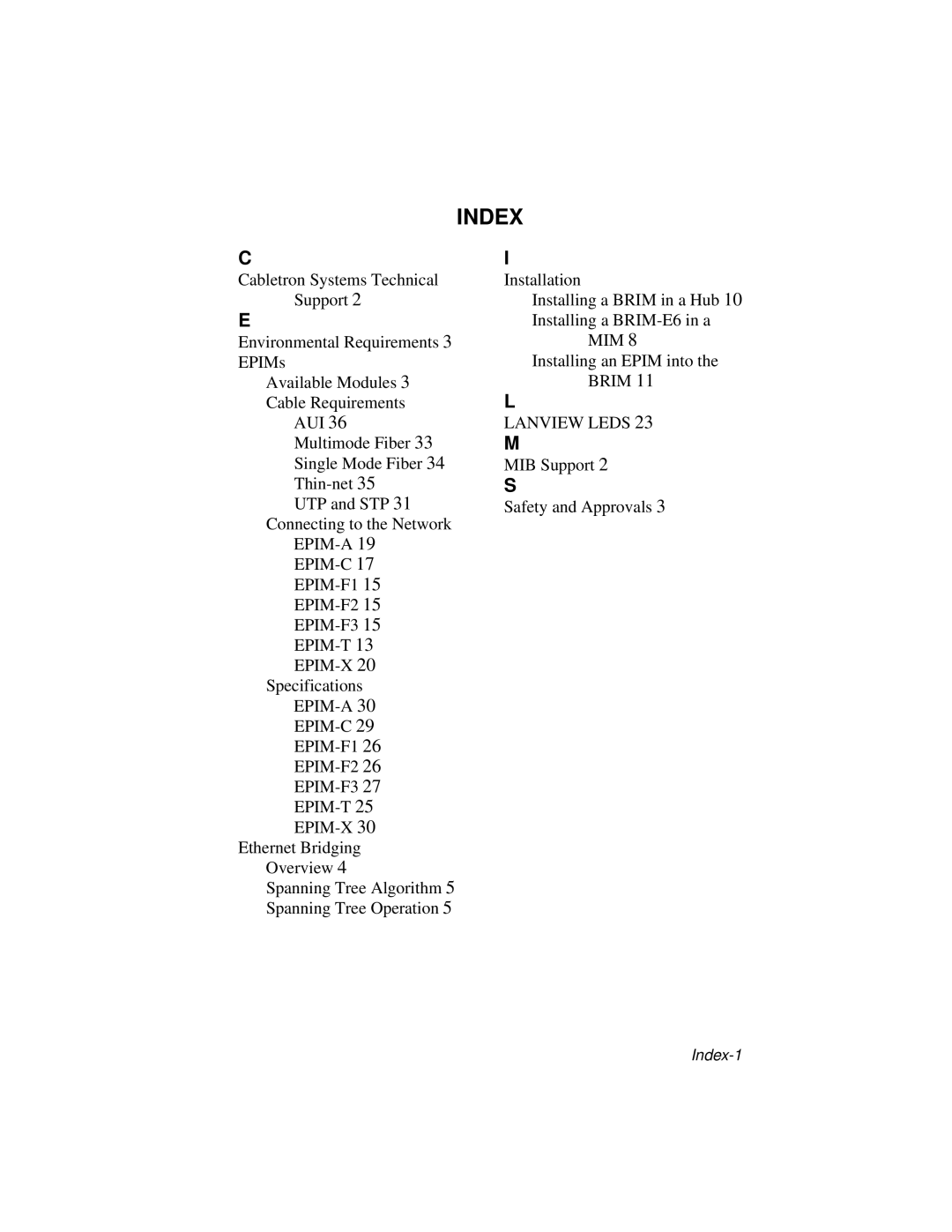 Enterasys Networks BRIM-E6 manual Index, Epim-T Epim-X 