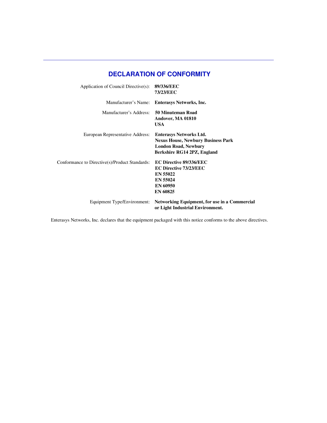 Enterasys Networks C1H124-24, C1H124-48 manual Declaration of Conformity 