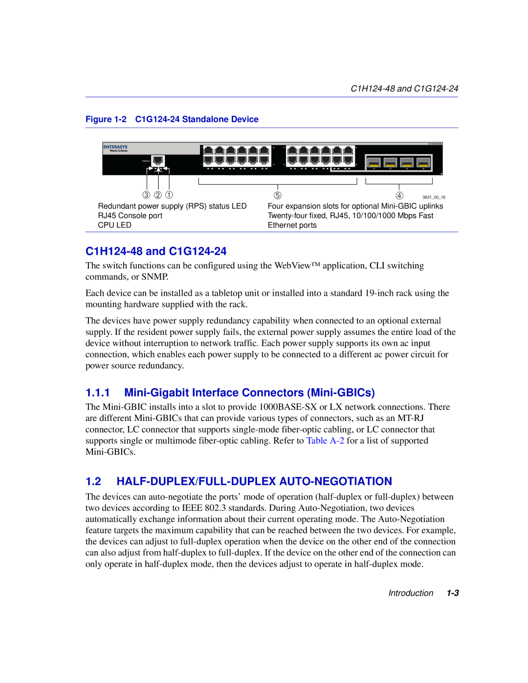 Enterasys Networks C1H124-24 manual C1H124-48 and C1G124-24, Mini-Gigabit Interface Connectors Mini-GBICs 