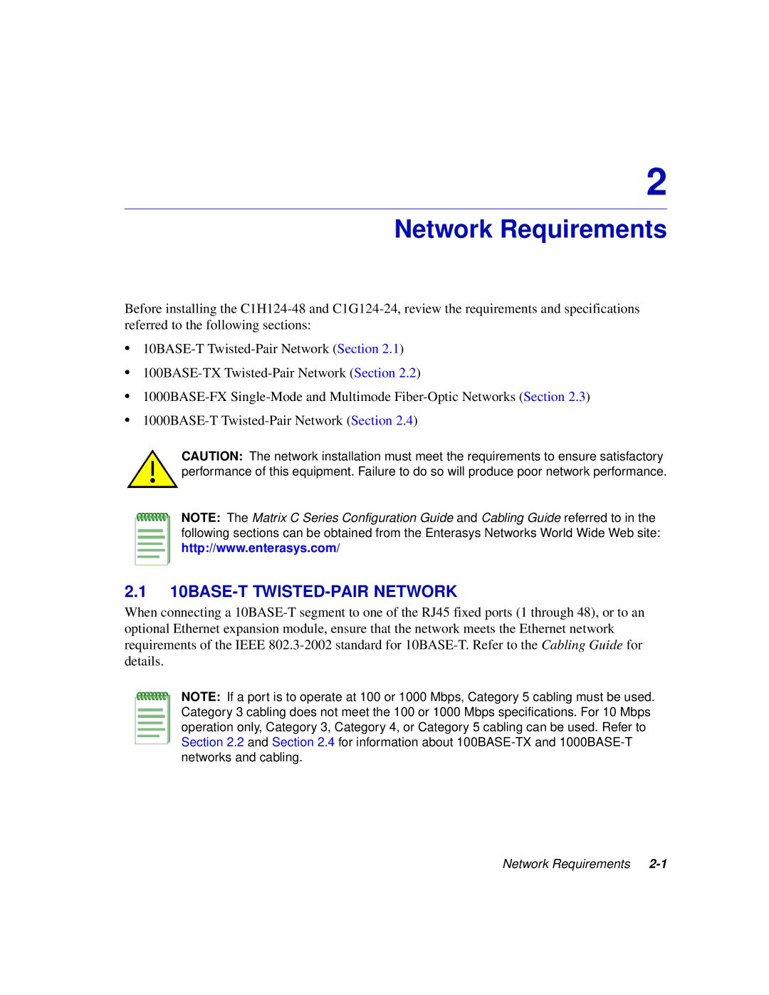 Enterasys Networks C1H124-48, C1H124-24 manual Network Requirements, 10BASE-T TWISTED-PAIR Network 