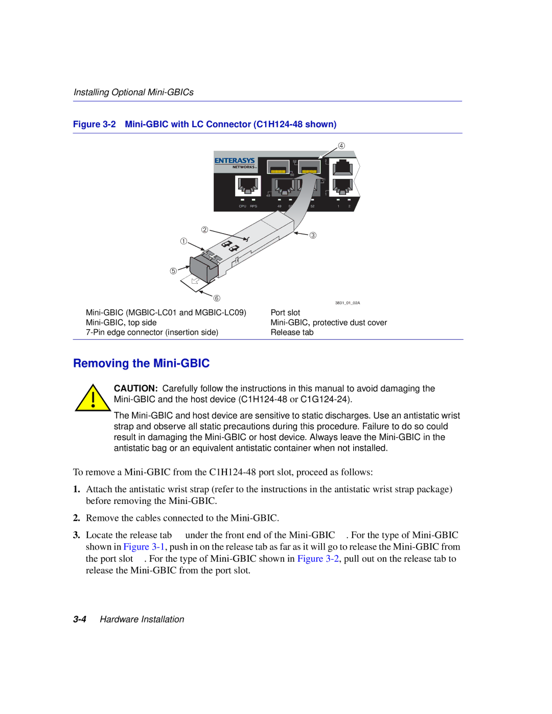 Enterasys Networks C1H124-24 manual Removing the Mini-GBIC, Mini-GBIC with LC Connector C1H124-48 shown 