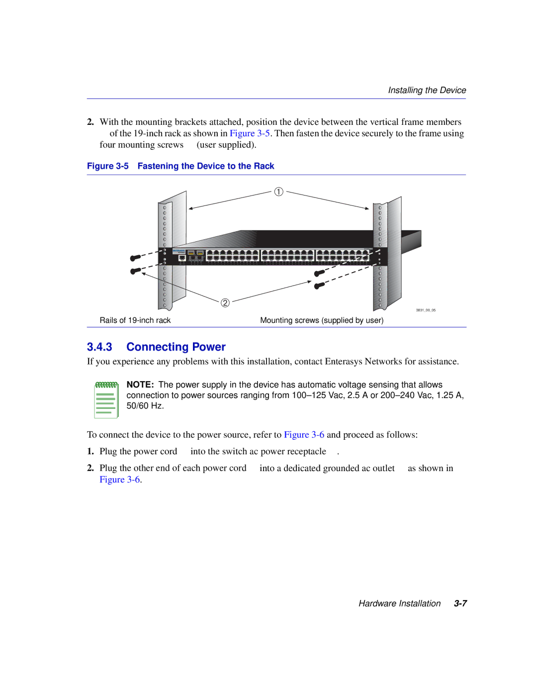 Enterasys Networks C1H124-48, C1H124-24 manual Connecting Power, Fastening the Device to the Rack 