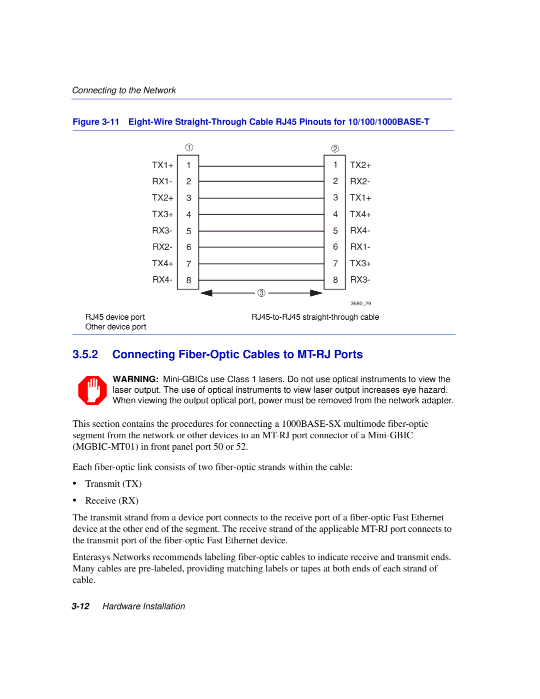 Enterasys Networks C1H124-24, C1H124-48 manual Connecting Fiber-Optic Cables to MT-RJ Ports 