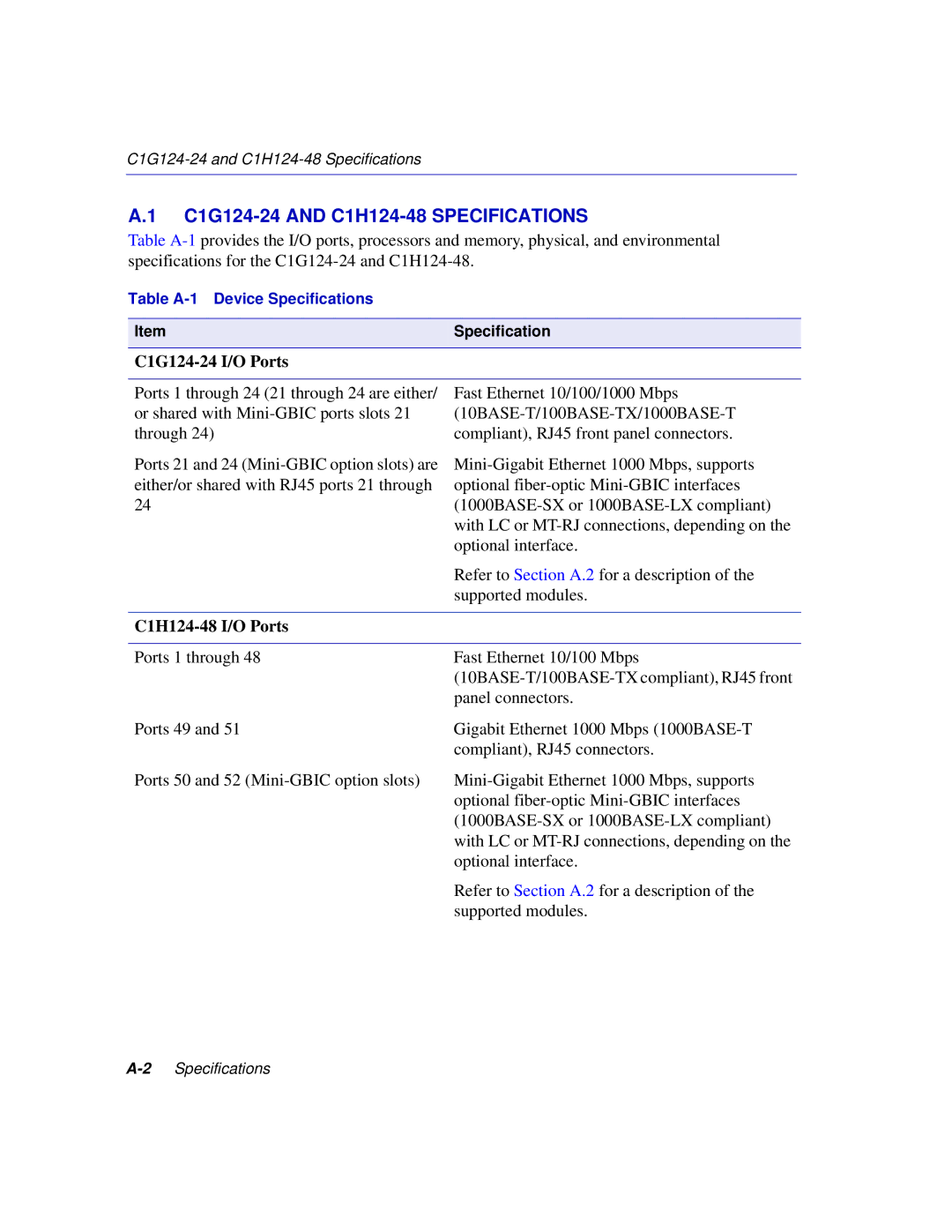 Enterasys Networks C1H124-24 manual C1G124-24 and C1H124-48 Specifications 