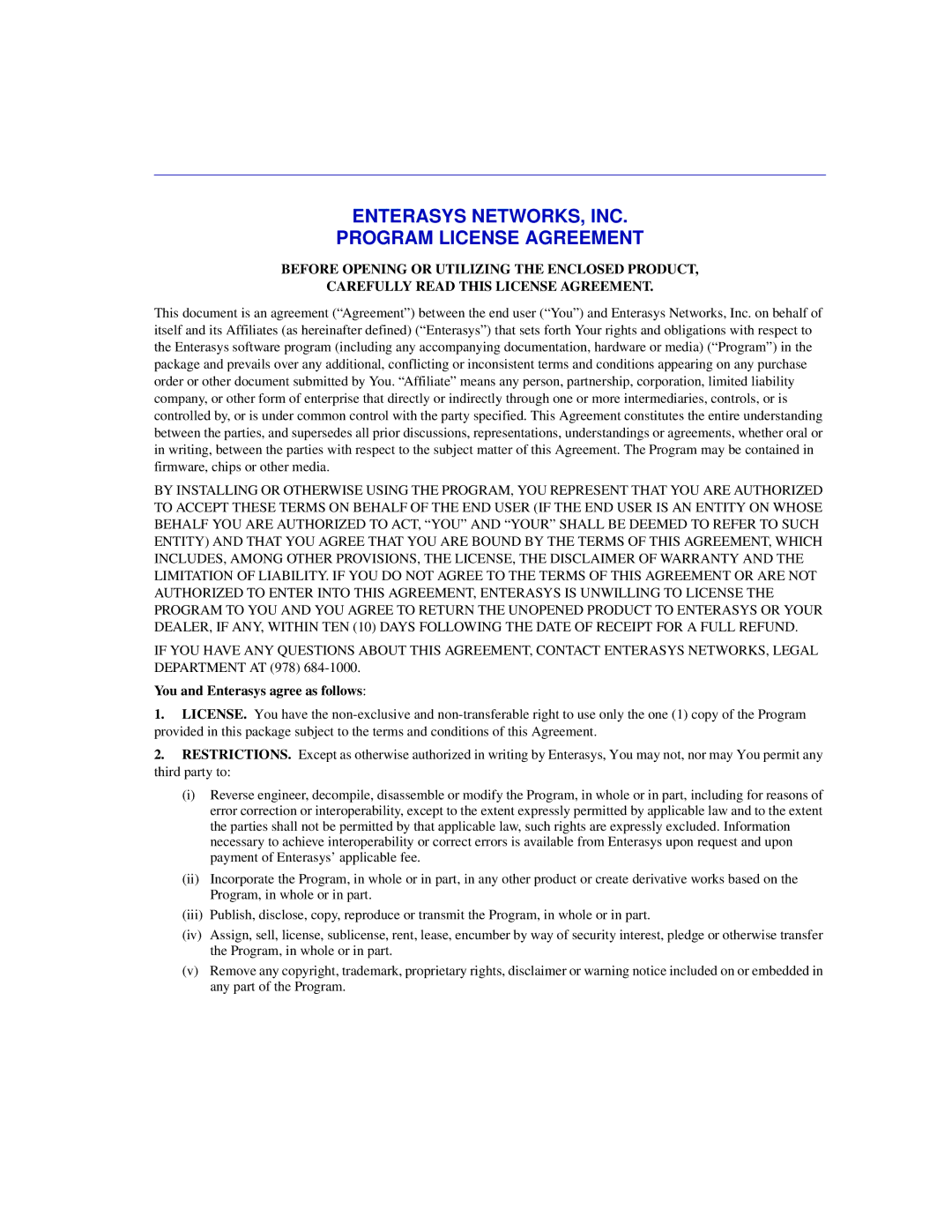 Enterasys Networks C1H124-48, C1H124-24 manual Enterasys NETWORKS, INC Program License Agreement 