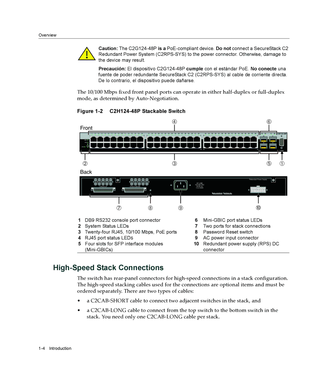 Enterasys Networks C2G124-48P manual High-Speed Stack Connections, C2H124-48P Stackable Switch 