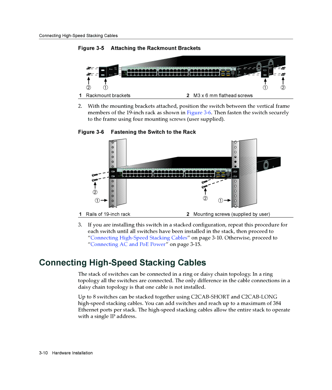 Enterasys Networks C2G124-48P, C2H124-48P manual Connecting High-Speed Stacking Cables, Attaching the Rackmount Brackets 