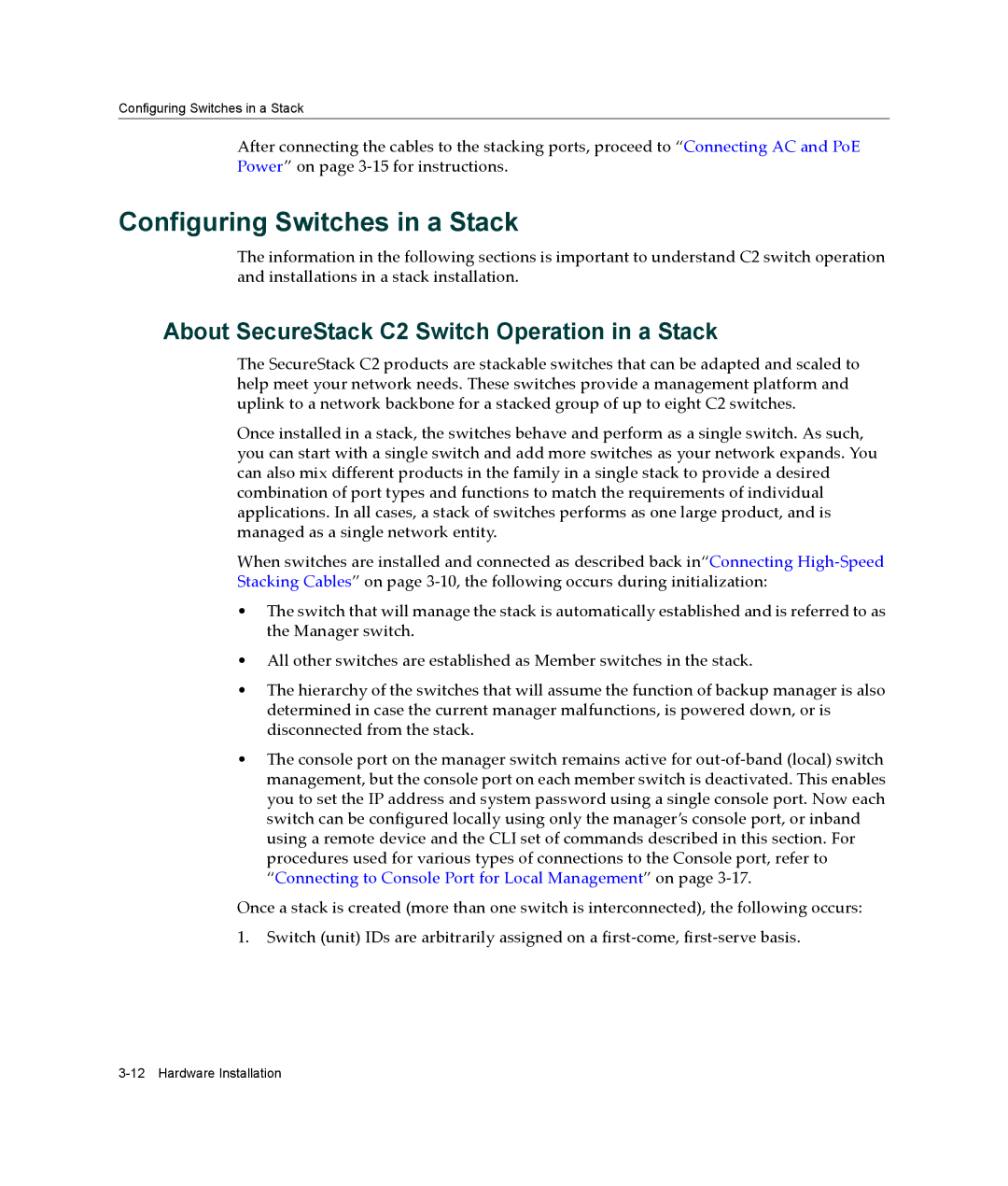 Enterasys Networks C2G124-48P manual Configuring Switches in a Stack, About SecureStack C2 Switch Operation in a Stack 