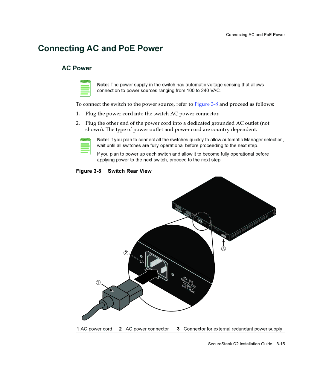 Enterasys Networks C2H124-48P, C2G124-48P manual Connecting AC and PoE Power, Switch Rear View 