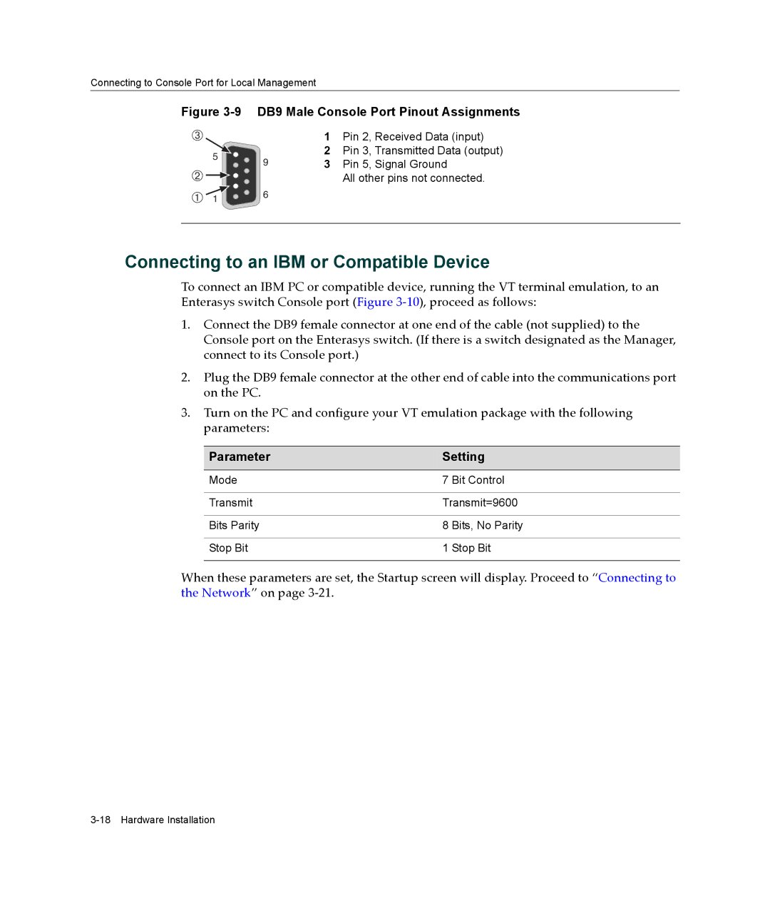 Enterasys Networks C2G124-48P, C2H124-48P manual Connecting to an IBM or Compatible Device, Parameter Setting 