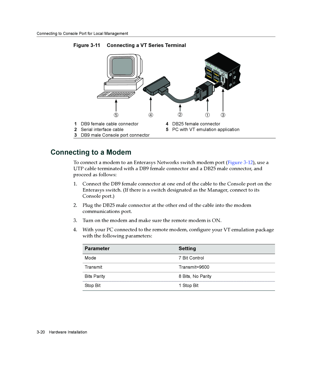 Enterasys Networks C2G124-48P, C2H124-48P manual Connecting to a Modem, Connecting a VT Series Terminal 