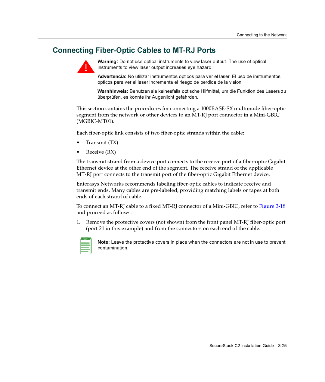 Enterasys Networks C2H124-48P, C2G124-48P manual Connecting Fiber-Optic Cables to MT-RJ Ports 