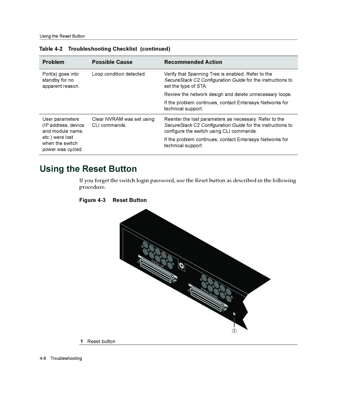 Enterasys Networks C2G124-48P, C2H124-48P manual Using the Reset Button 