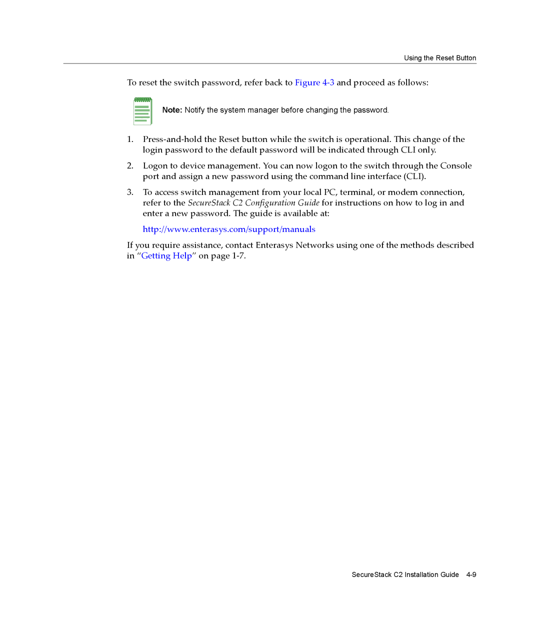 Enterasys Networks C2H124-48P, C2G124-48P manual Using the Reset Button 