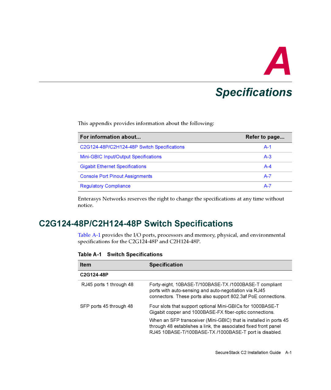 Enterasys Networks manual C2G124-48P/C2H124-48P Switch Specifications, Table A-1 Switch Specifications ItemSpecification 