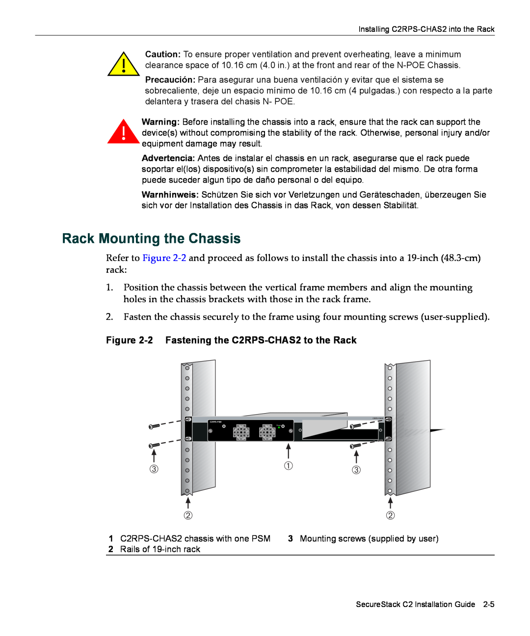 Enterasys Networks manual Rack Mounting the Chassis, 2 Fastening the C2RPS-CHAS2 to the Rack 