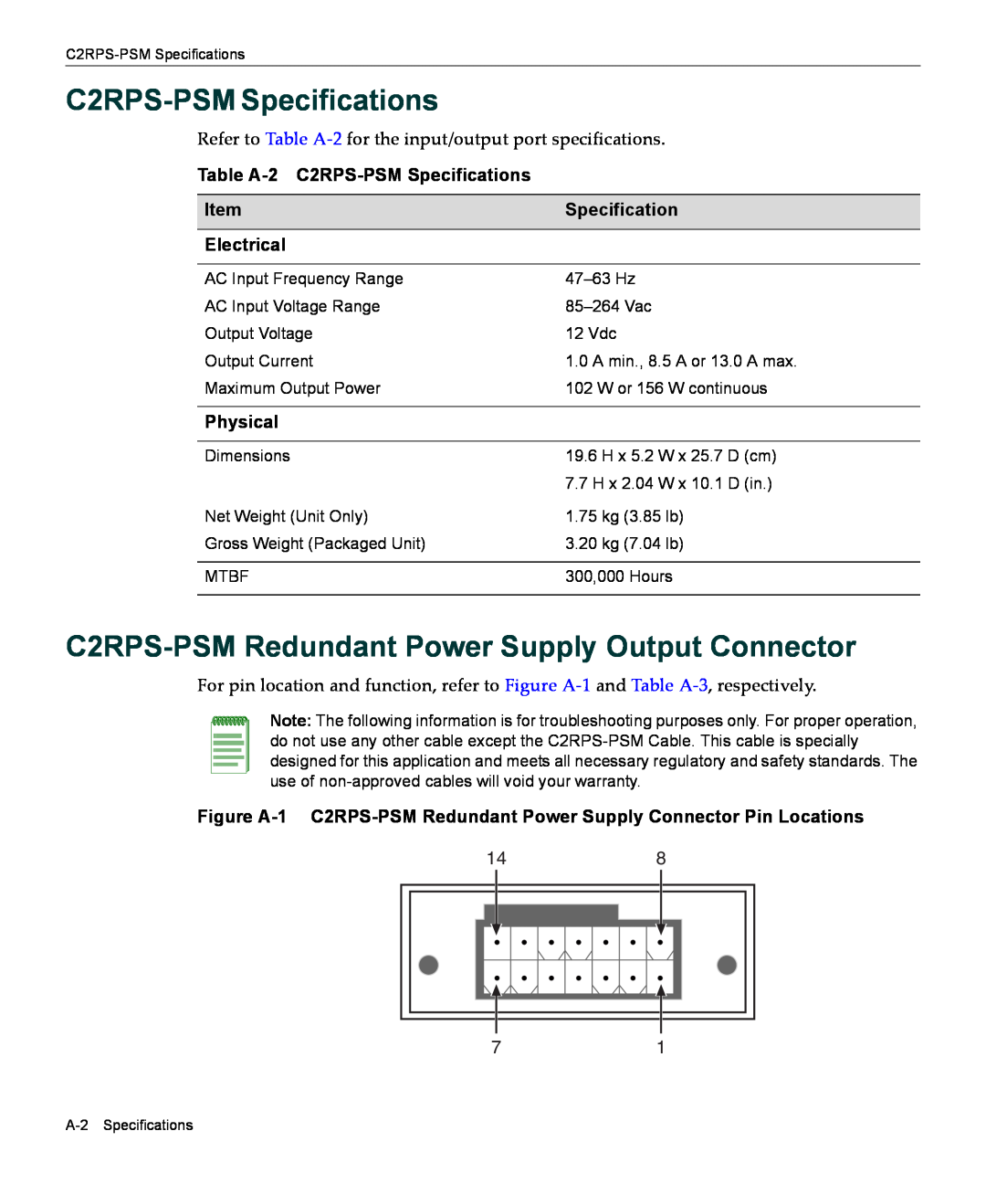 Enterasys Networks C2RPS-CHAS2 C2RPS-PSM Specifications, C2RPS-PSM Redundant Power Supply Output Connector, Electrical 