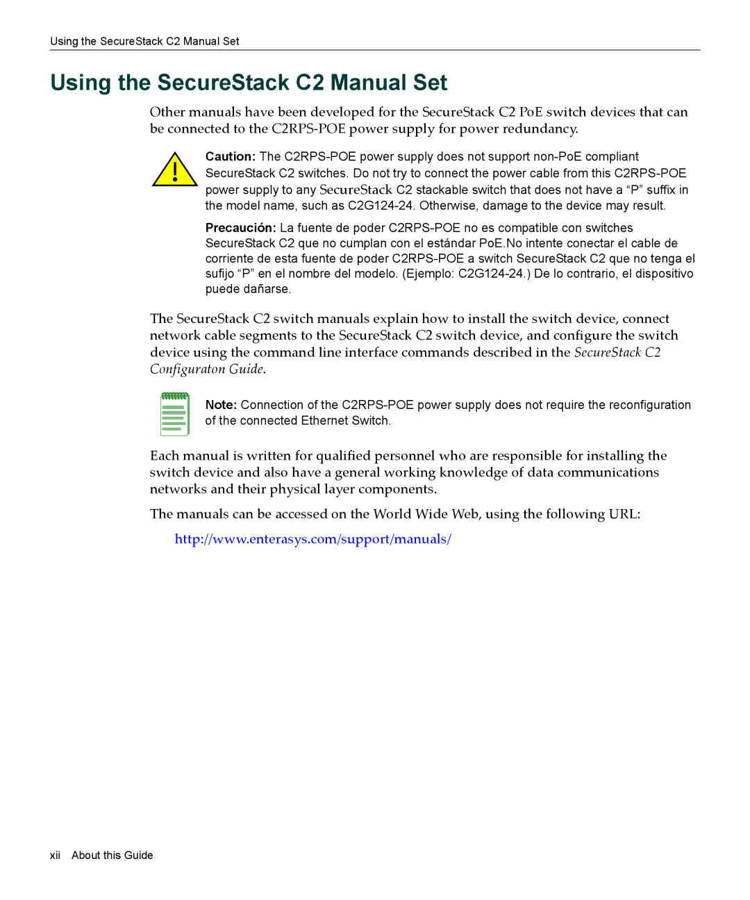 Enterasys Networks C2RPS-POE manual Using the SecureStack C2 Manual Set 