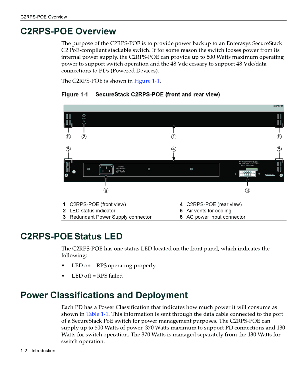 Enterasys Networks manual C2RPS-POE Overview, C2RPS-POE Status LED, Power Classifications and Deployment 