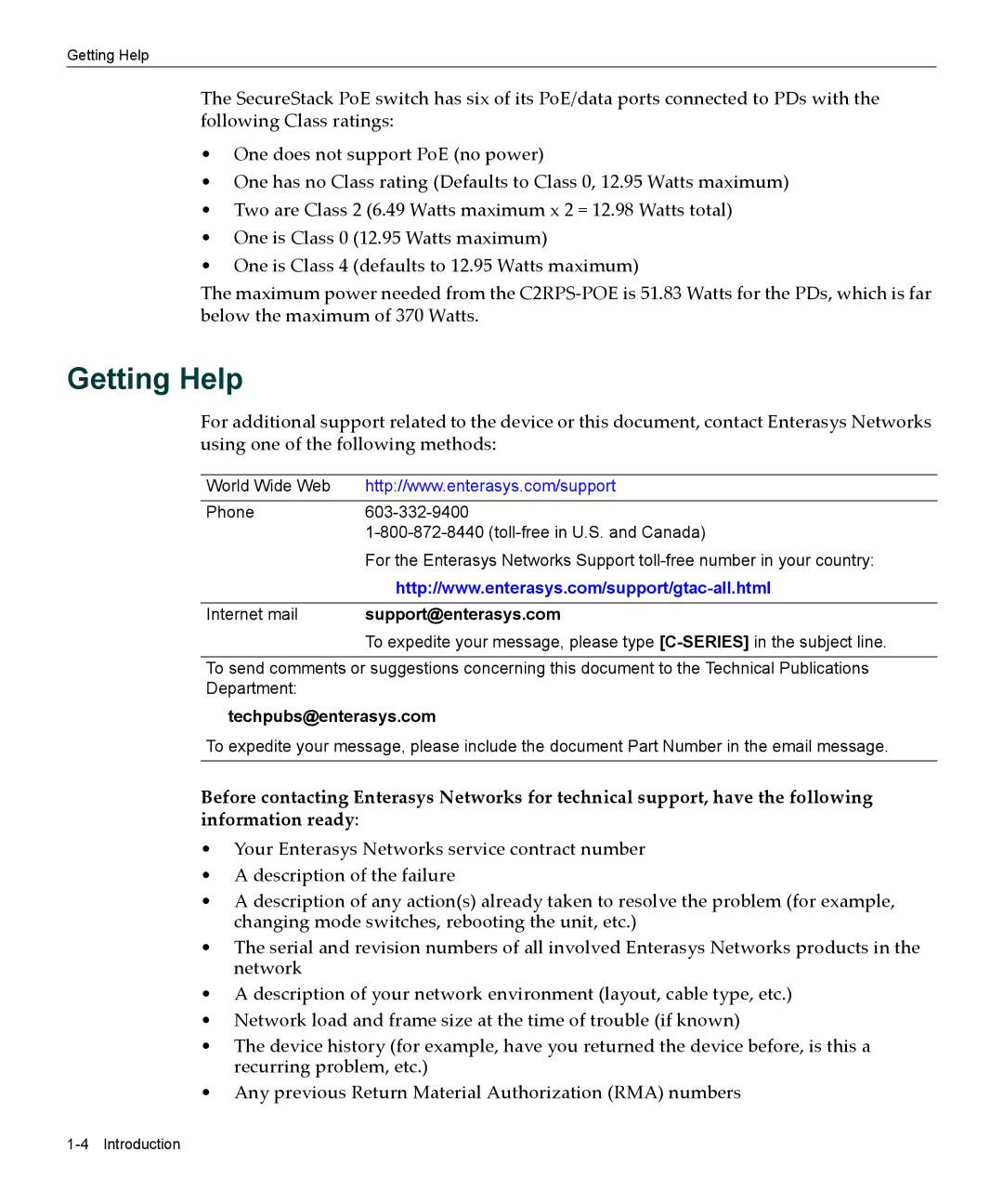 Enterasys Networks C2RPS-POE manual Getting Help, Support@enterasys.com 