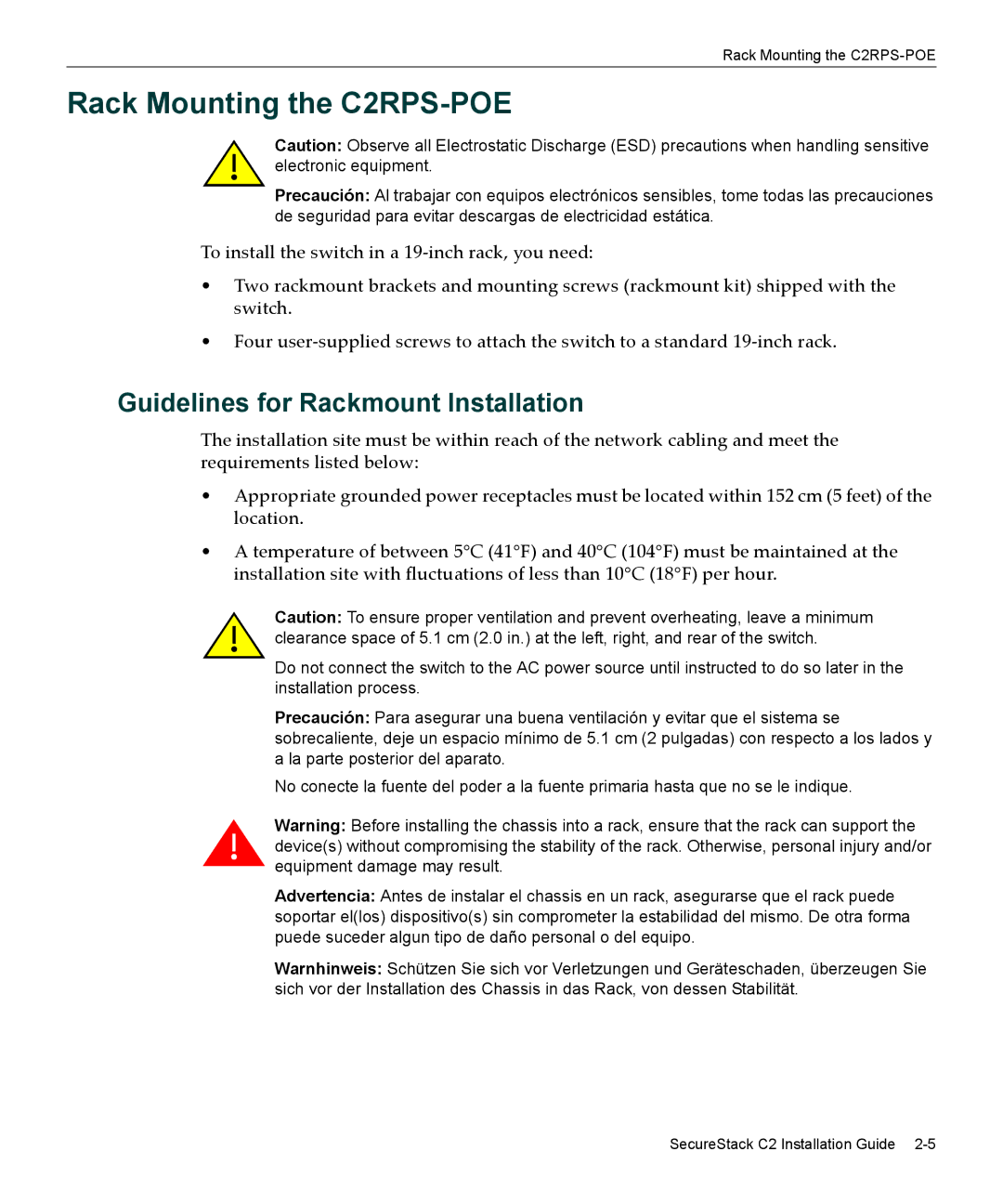 Enterasys Networks manual Rack Mounting the C2RPS-POE, Guidelines for Rackmount Installation 