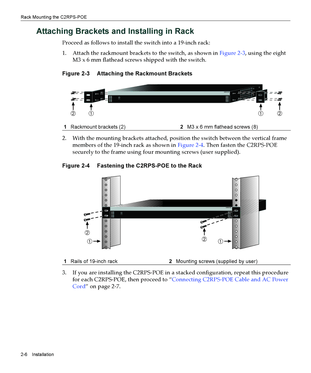 Enterasys Networks C2RPS-POE manual Attaching Brackets and Installing in Rack 