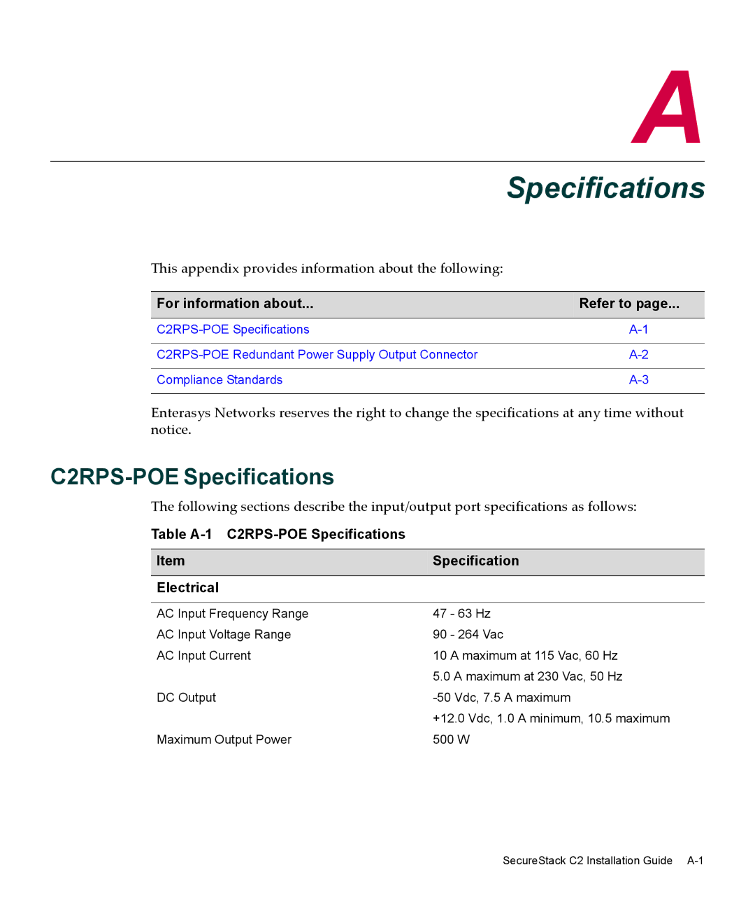 Enterasys Networks manual Table A-1 C2RPS-POE Specifications Electrical 