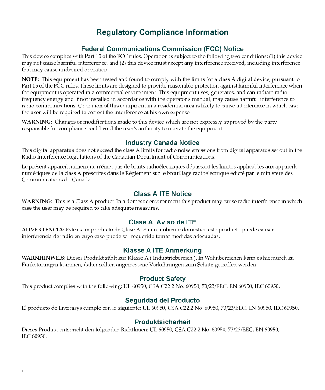 Enterasys Networks C2RPS-POE manual Regulatory Compliance Information 