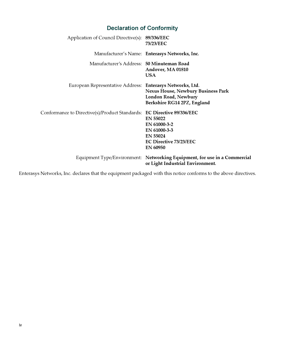 Enterasys Networks C2RPS-POE manual Declaration of Conformity 