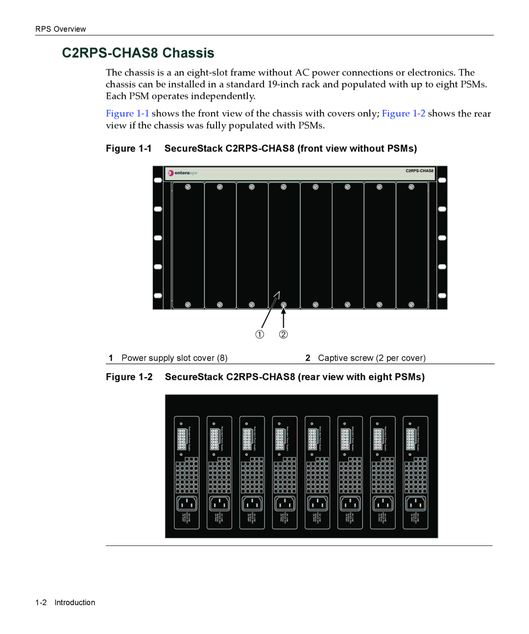 Enterasys Networks C2RPS-SYS manual C2RPS-CHAS8 Chassis, Power supply slot cover Captive screw 2 per cover 