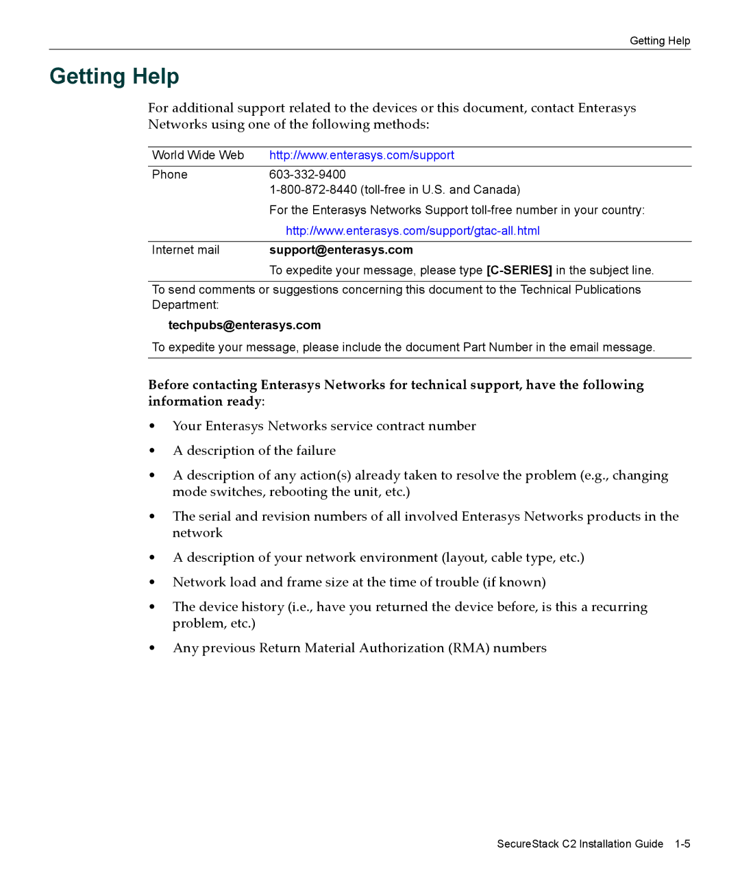 Enterasys Networks C2RPS-SYS manual Getting Help, Support@enterasys.com 