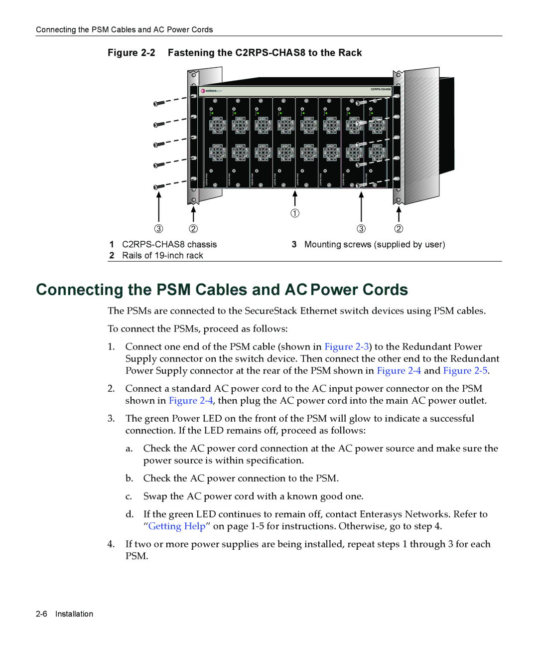 Enterasys Networks C2RPS-SYS manual Connecting the PSM Cables and AC Power Cords, Fastening the C2RPS-CHAS8 to the Rack 