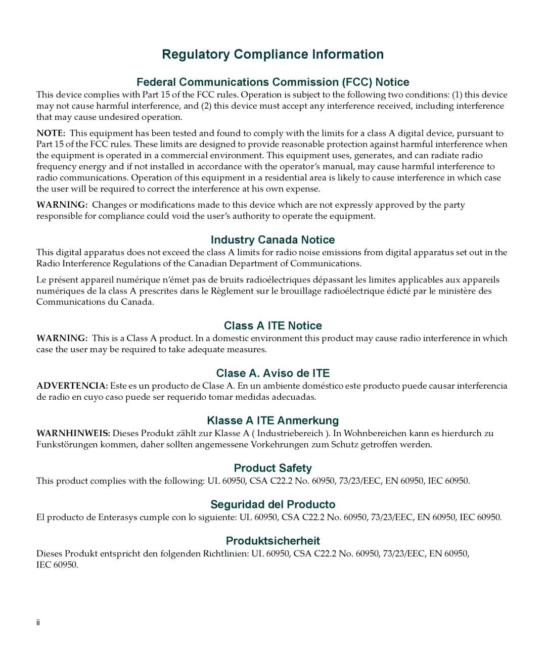 Enterasys Networks C2RPS-SYS manual Regulatory Compliance Information 