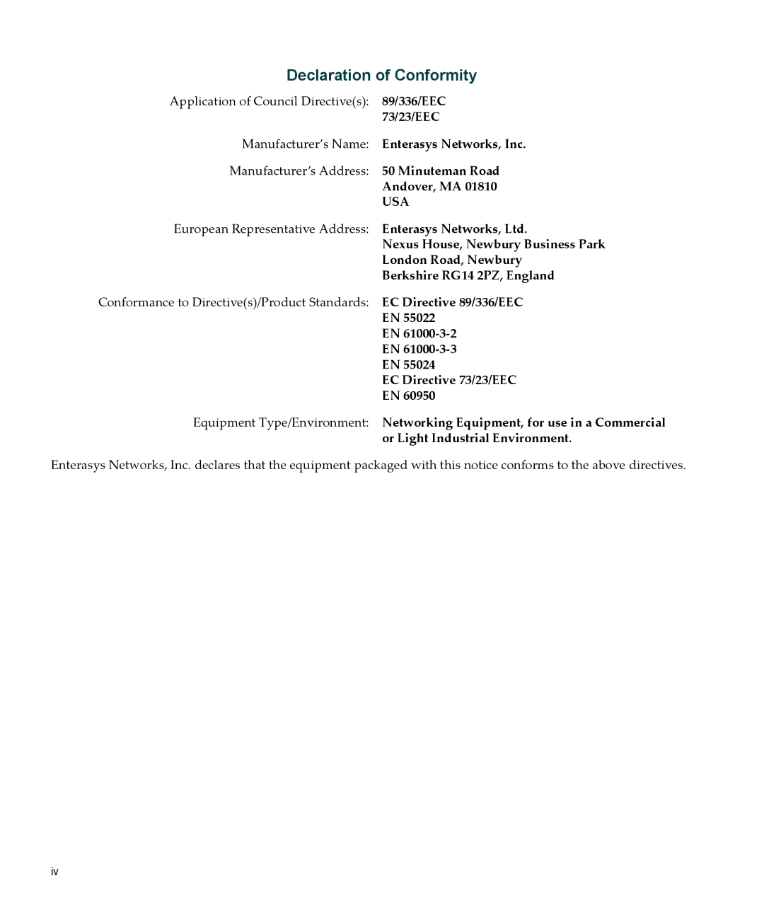 Enterasys Networks C2RPS-SYS manual Declaration of Conformity 