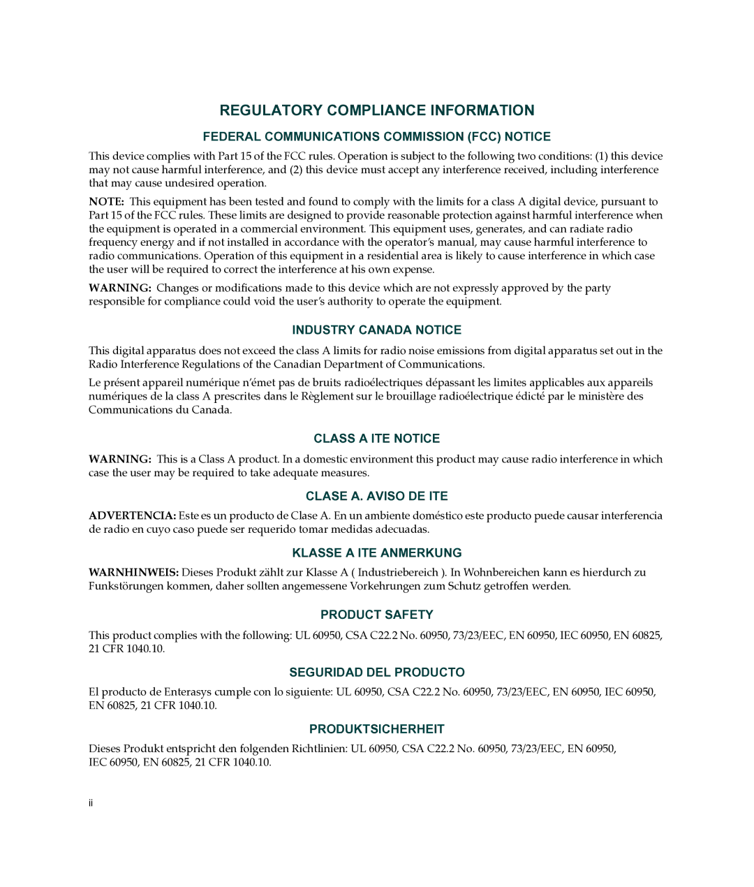 Enterasys Networks C3G124-48P, C3G124-24P manual Regulatory Compliance Information 