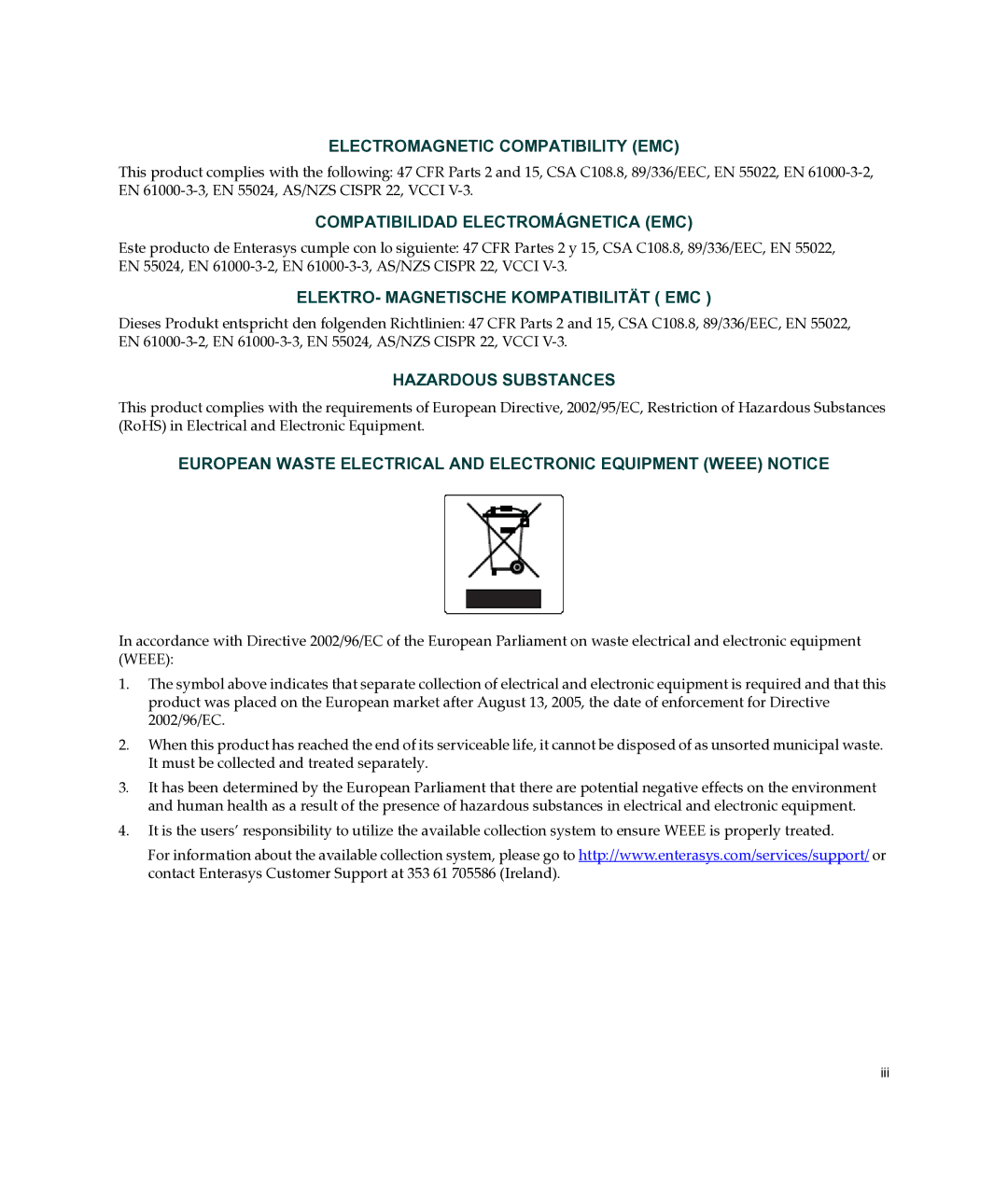 Enterasys Networks C3G124-24P, C3G124-48P manual Electromagnetic Compatibility EMC 