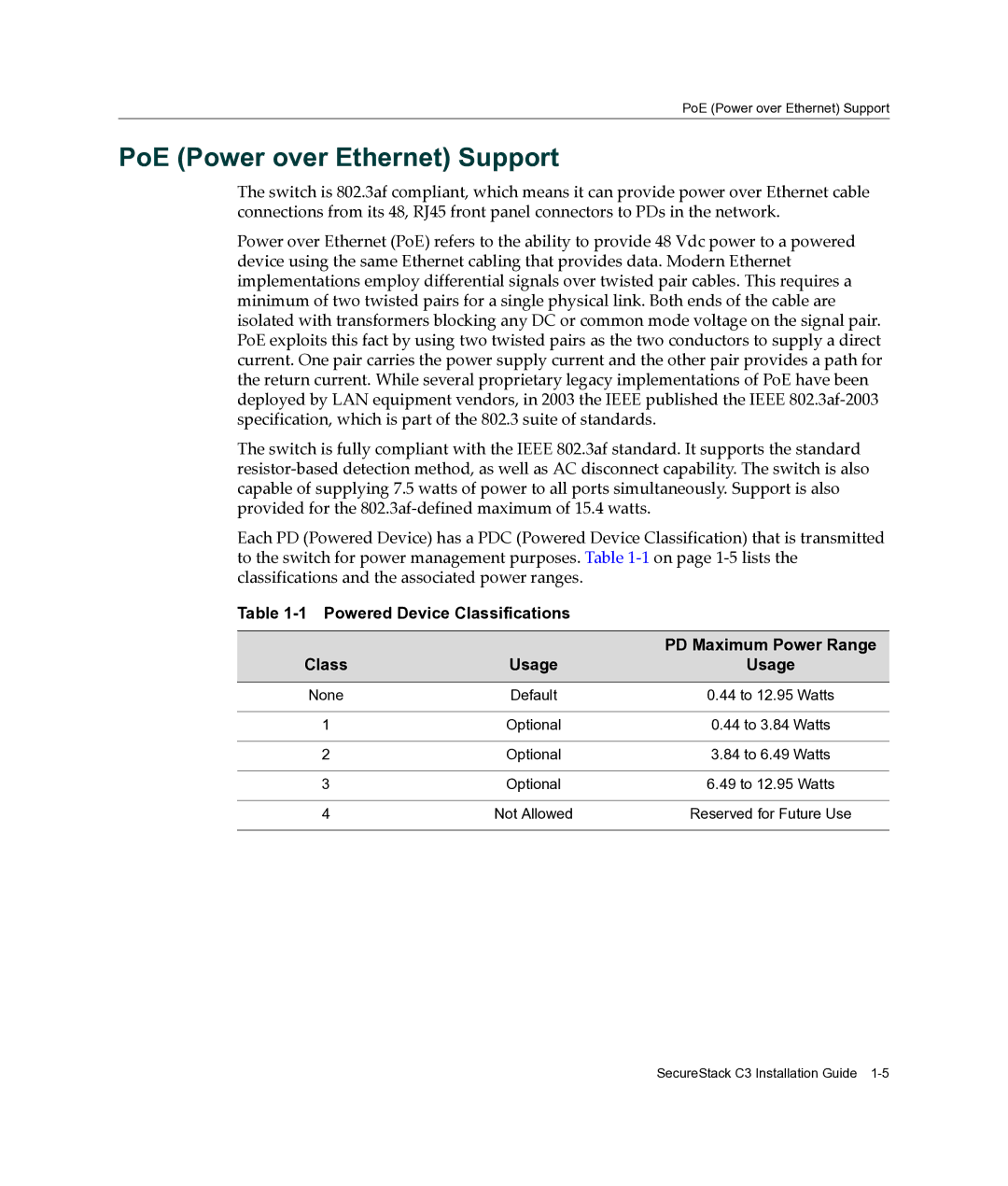 Enterasys Networks C3G124-24P PoE Power over Ethernet Support, Powered Device Classifications Usage PD Maximum Power Range 