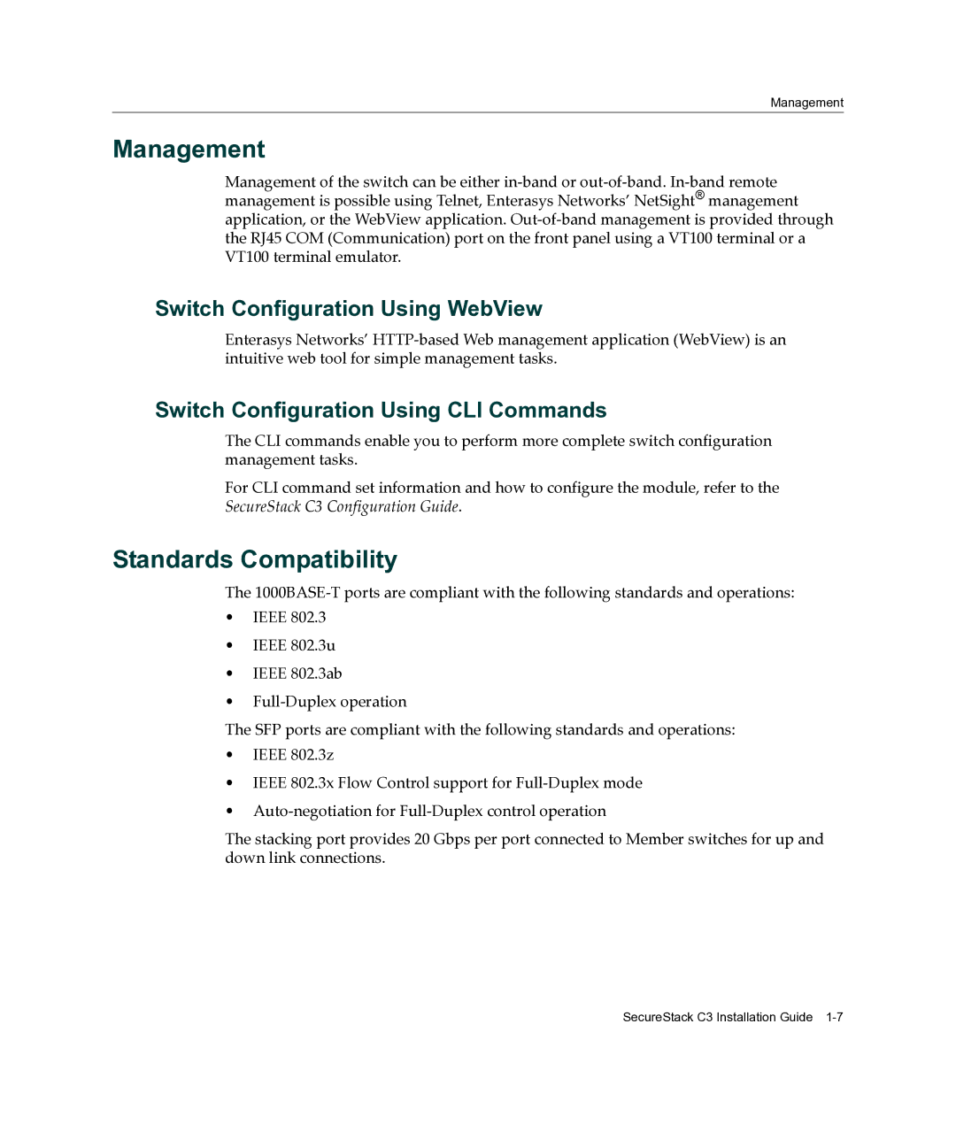 Enterasys Networks C3G124-24P, C3G124-48P manual Management, Standards Compatibility, Switch Configuration Using WebView 