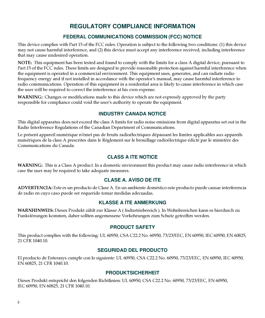 Enterasys Networks C3G124-24P, C3G124-48P manual Regulatory Compliance Information 