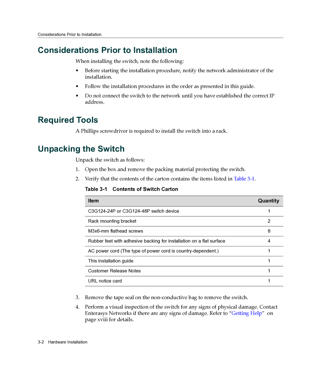 Enterasys Networks C3G124-48P, C3G124-24P manual Considerations Prior to Installation, Required Tools, Unpacking the Switch 