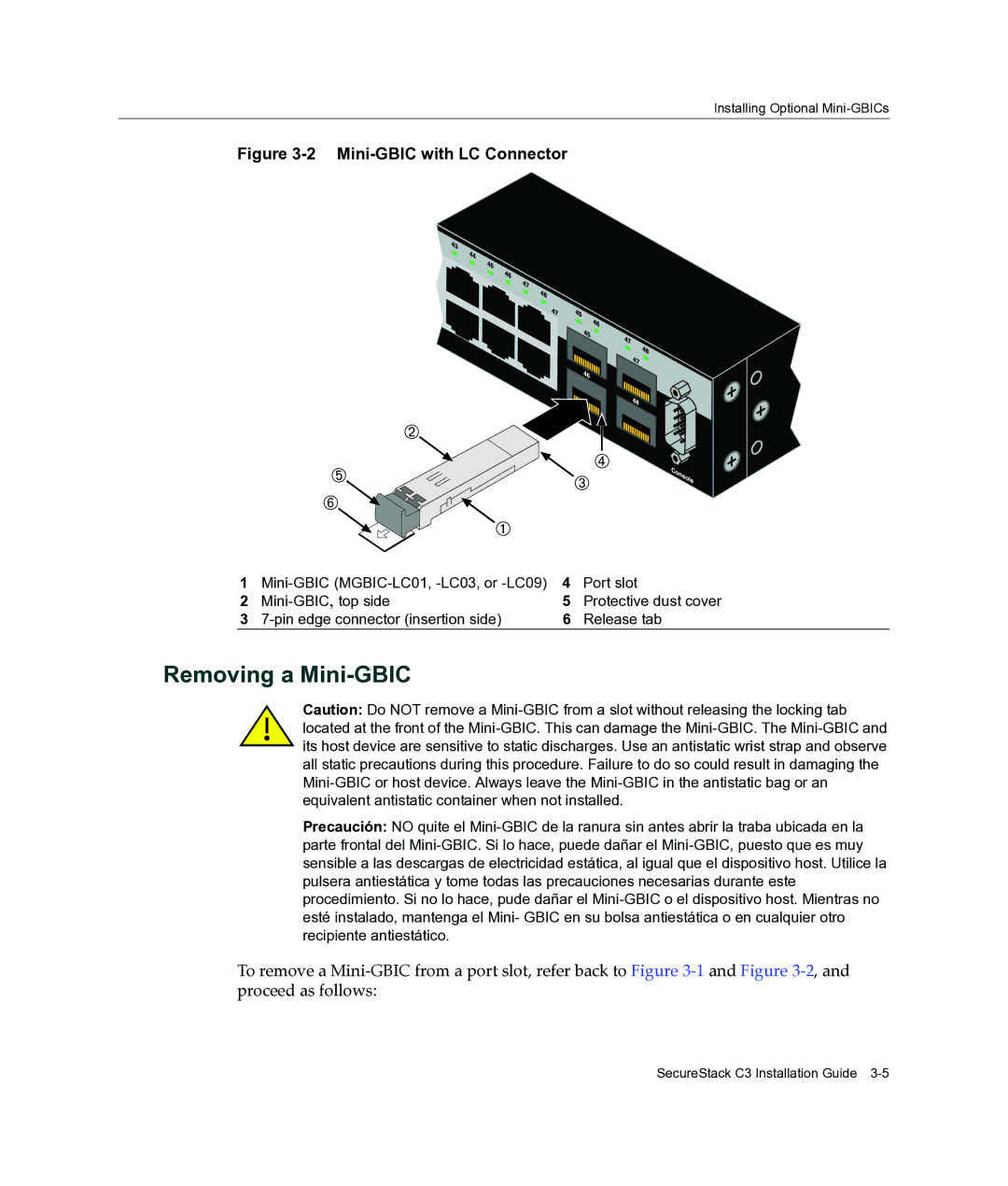 Enterasys Networks C3G124-24P, C3G124-48P manual Removing a Mini-GBIC, Mini-GBIC with LC Connector 