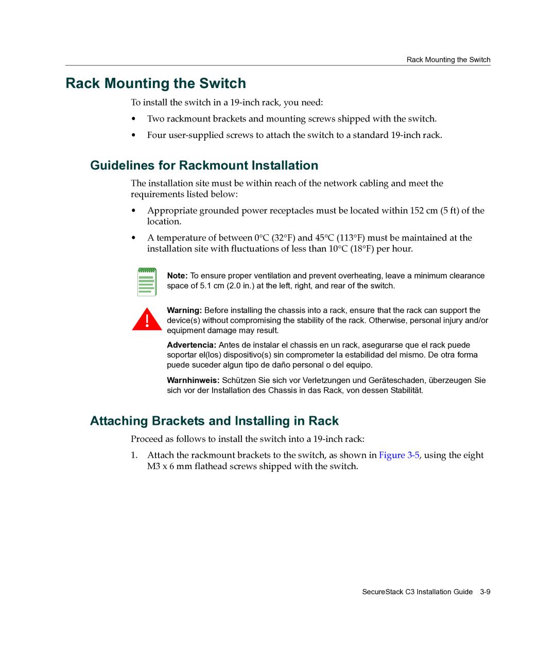 Enterasys Networks C3G124-24P, C3G124-48P manual Rack Mounting the Switch, Guidelines for Rackmount Installation 