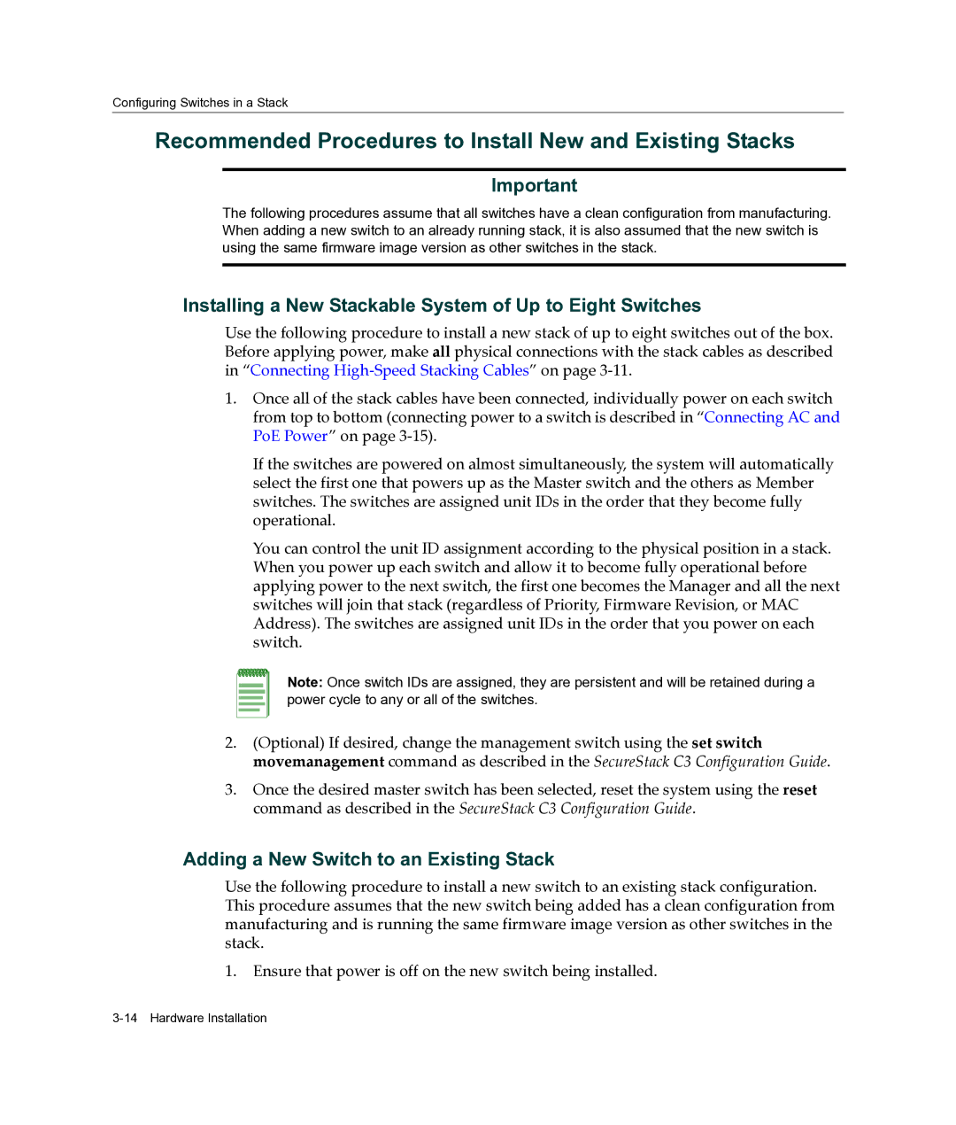 Enterasys Networks C3G124-48P, C3G124-24P manual Recommended Procedures to Install New and Existing Stacks 