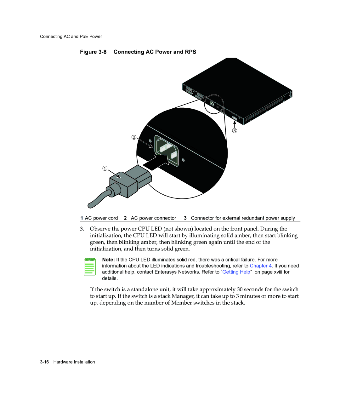 Enterasys Networks C3G124-48P, C3G124-24P manual Connecting AC Power and RPS 